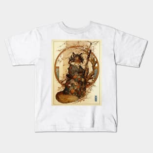 Vintage Art Nouveau Traditional Japanese Tanuki Samurai Kids T-Shirt